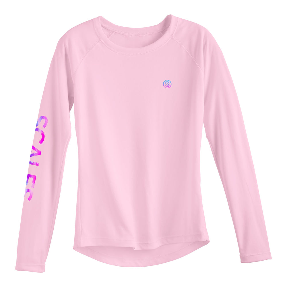Light pink women's performance long sleeve shirt with tide dye pattern from Scalesgear.com, designed for active wear.