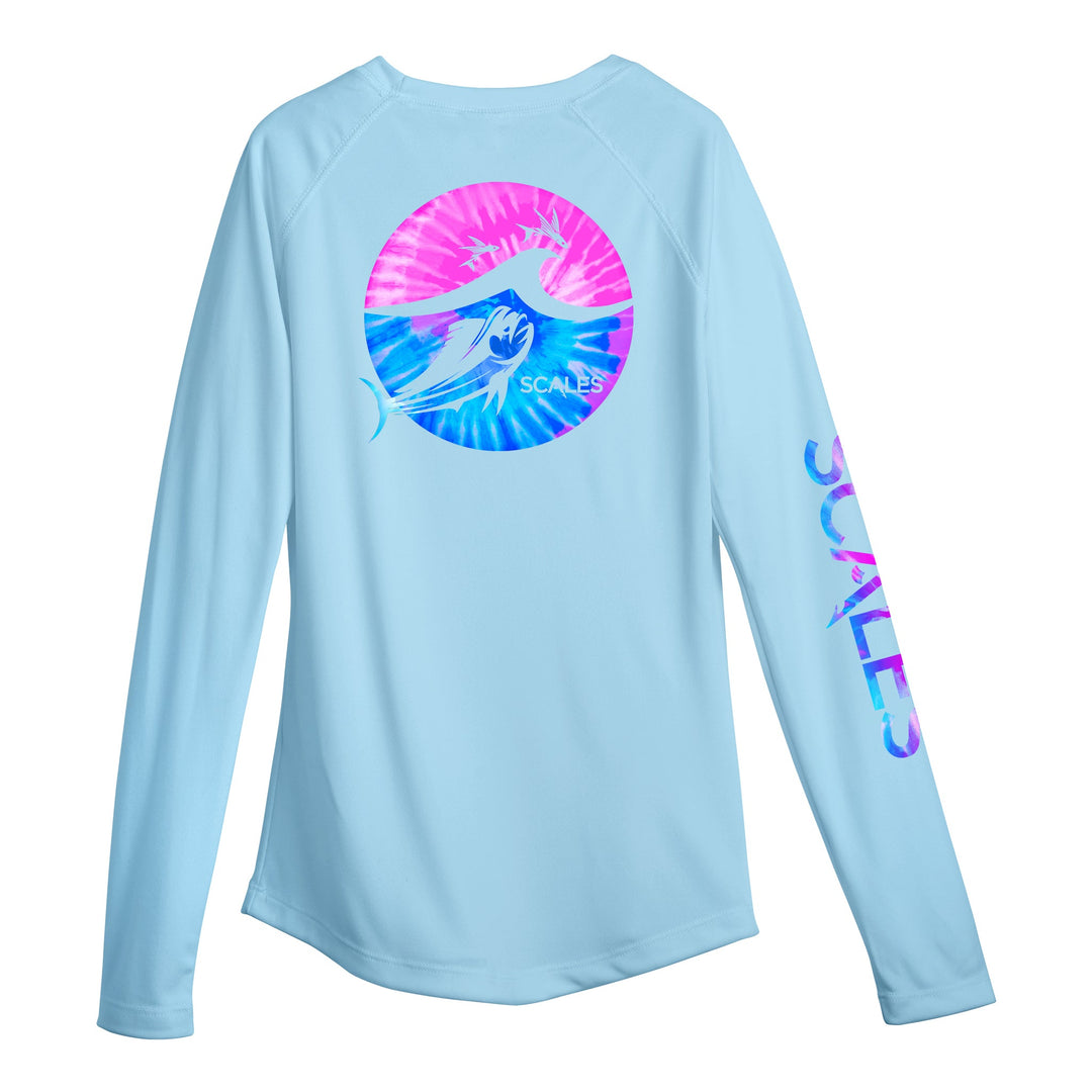 Light pink Tide Dye Flyer women's performance long sleeve shirt by Scalesgear.com featuring a stylish tie-dye pattern and athletic fit.