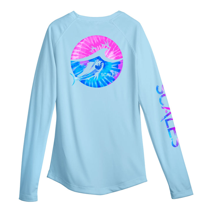 Light pink Tide Dye Flyer women's performance long sleeve shirt by Scalesgear.com featuring a stylish tie-dye pattern and athletic fit.