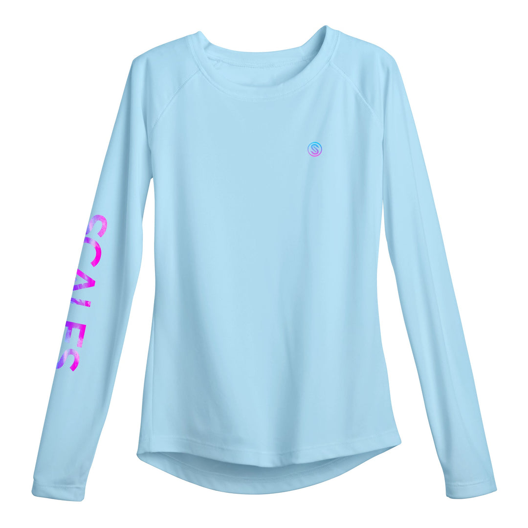 Light pink Tide Dye Flyer women's performance long sleeve shirt by Scalesgear.com, designed for active wear and comfort.