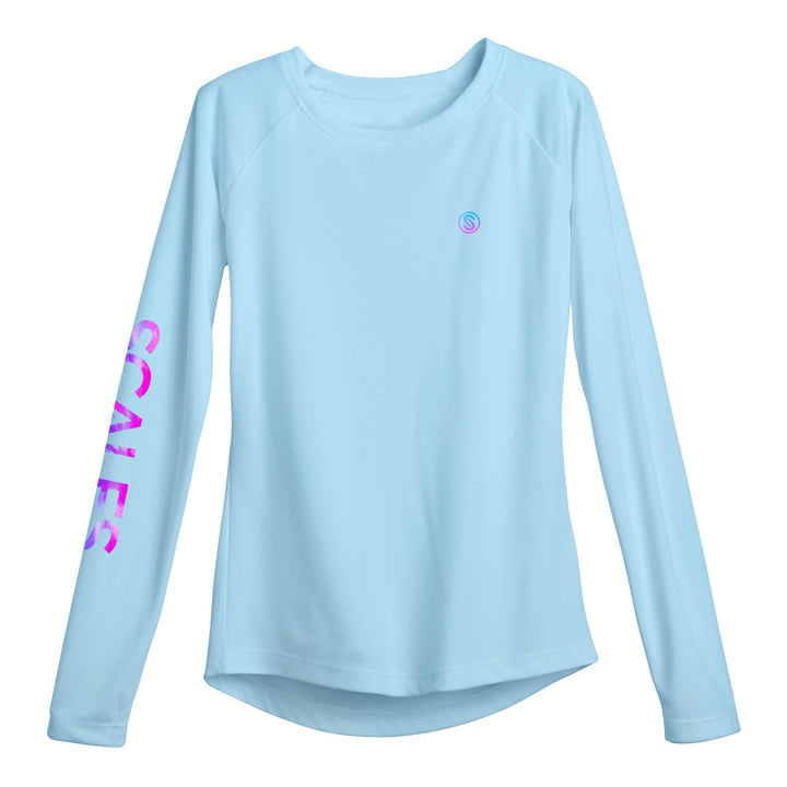Light pink Tide Dye Flyer women's performance long sleeve shirt by Scalesgear.com, designed for active wear and comfort.