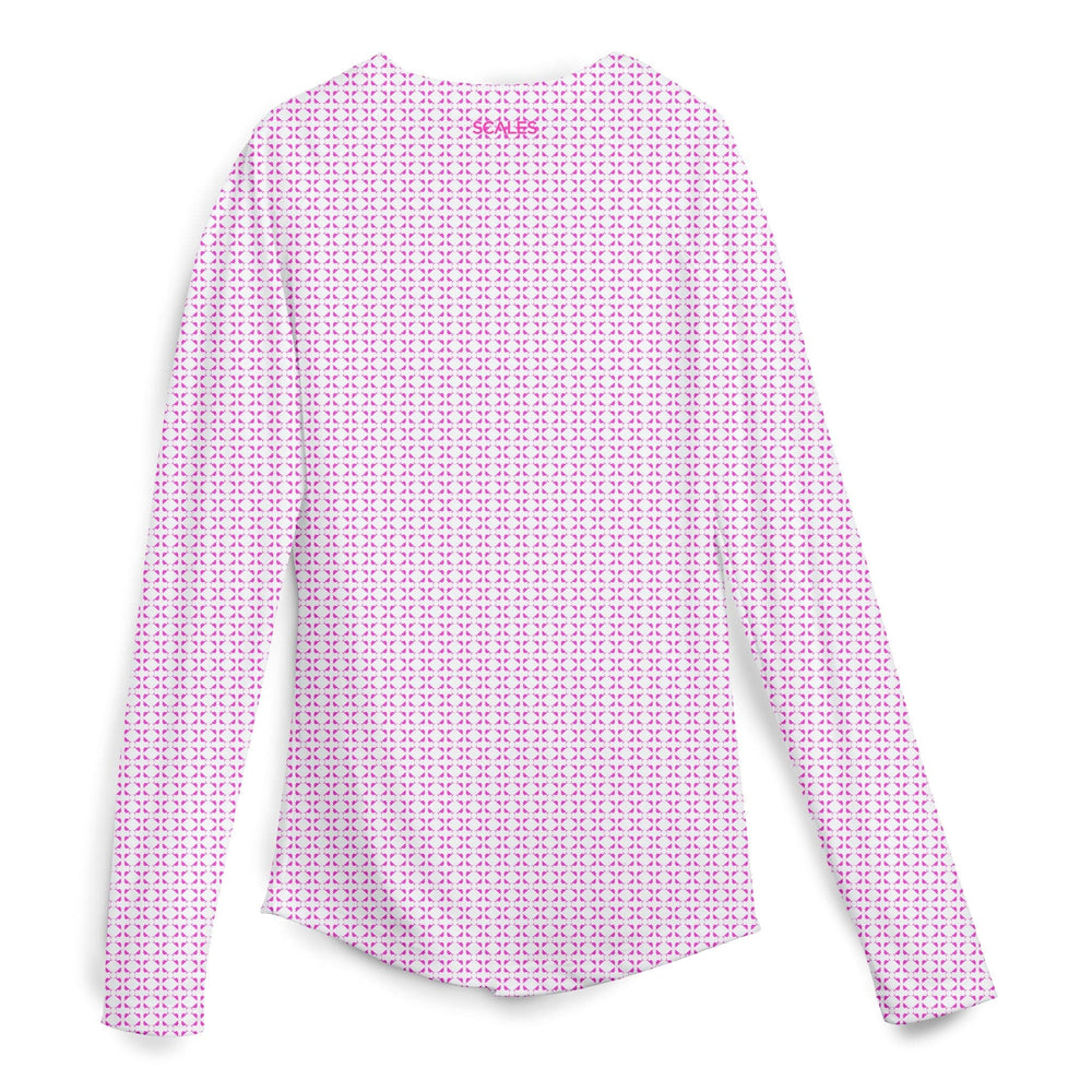 White and hot pink women's performance long sleeve shirt with nautical sail design by Scalesgear.com