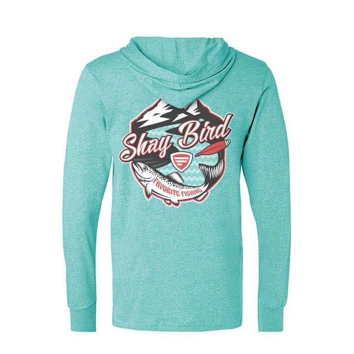 Favorite Fishing Shay Bird lightweight tri-blend hoodie in mint with bird graphic, casual apparel for comfortable outdoor wear.
