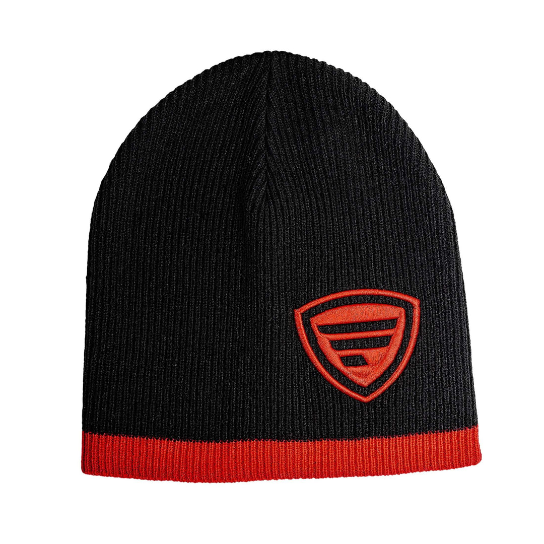 Favorite Fishing shield beanie hat with a woven logo patch, warm knit fabric, and a snug fit for outdoor wear.