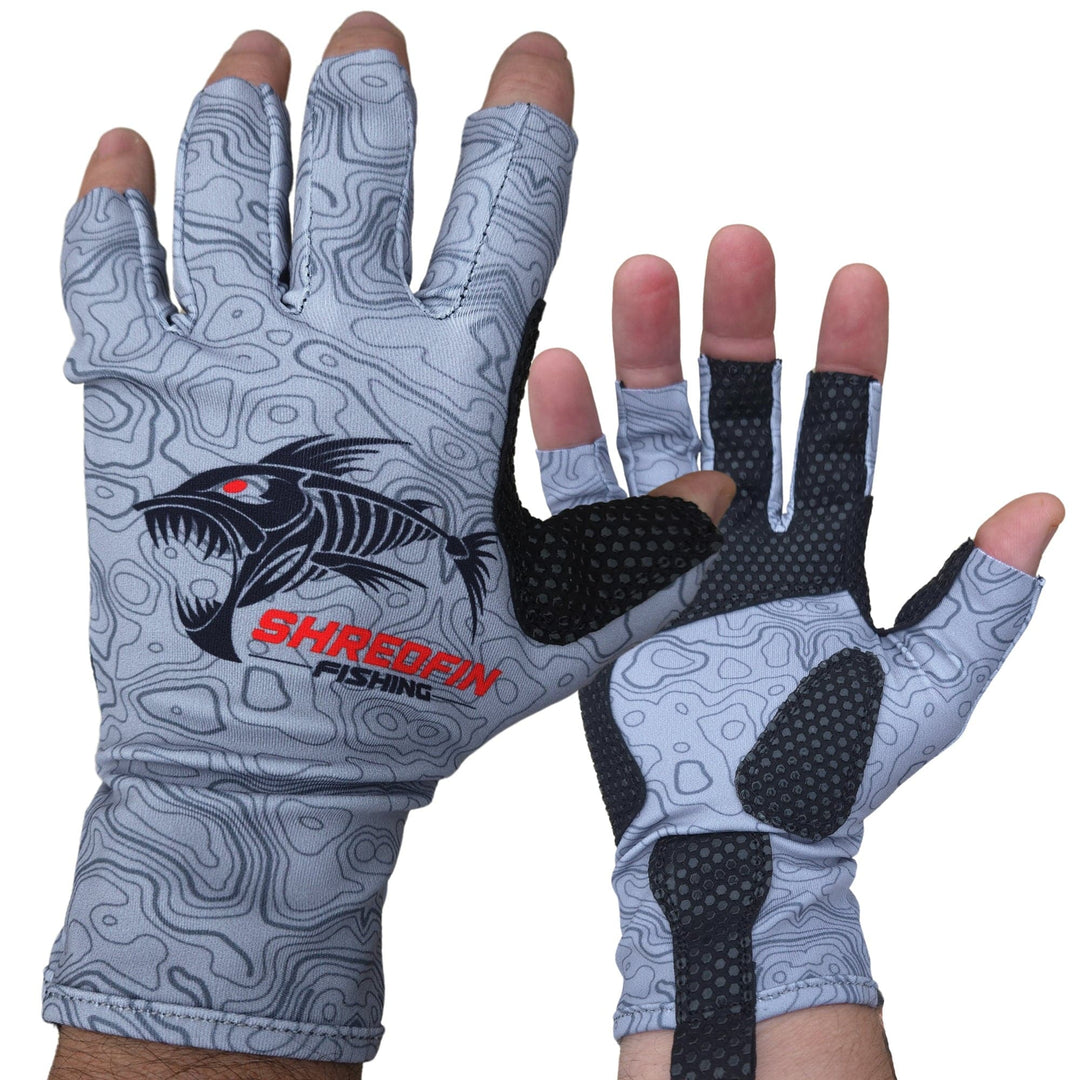 ShredFin Fingerless Fishing Gloves with Contourz pattern in tungsten gray, designed for comfort and grip during fishing.