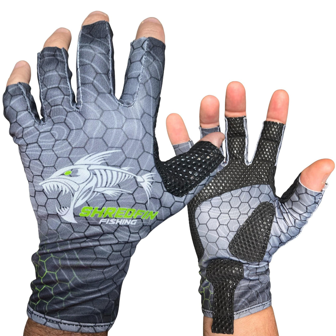 ShredFin fingerless fishing gloves with HexCast pattern in tungsten gray and neon green, showing the textured fabric and grip details.