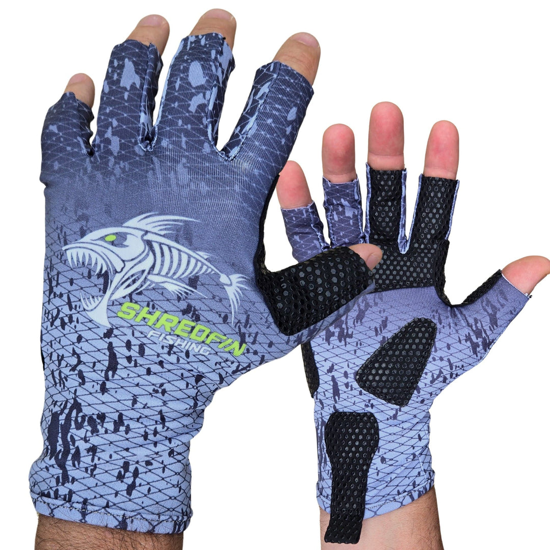 ShredFin fingerless fishing gloves in splash camo pattern, designed for outdoor and fishing activities with flexible, breathable fabric.
