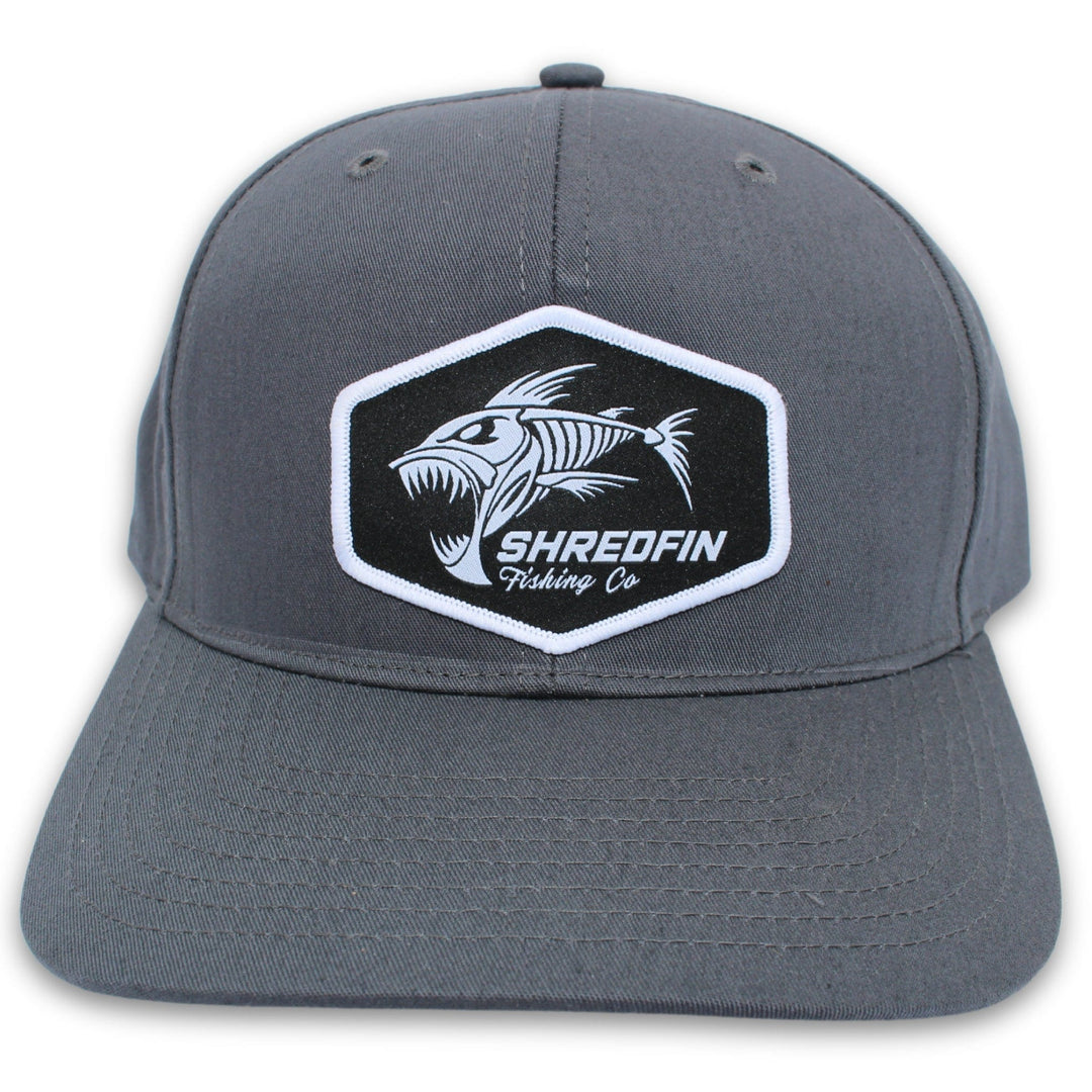ShredFin Gray Full Back Hat with non-mesh back, featuring a classic baseball cap style and adjustable strap.