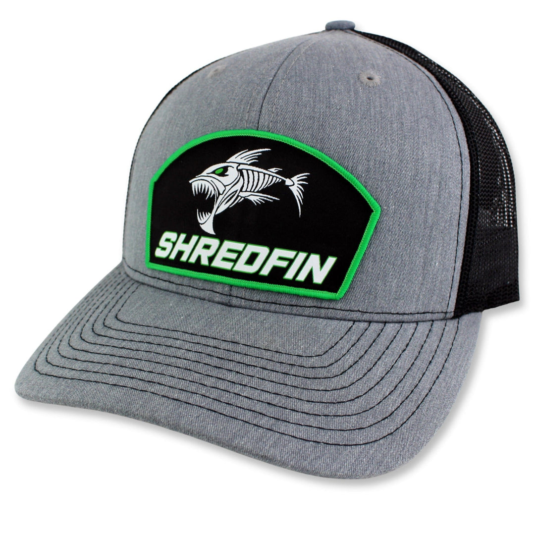 ShredFin Heather gray and black patch hat with neon green border, featuring a casual, stylish design and adjustable strap.