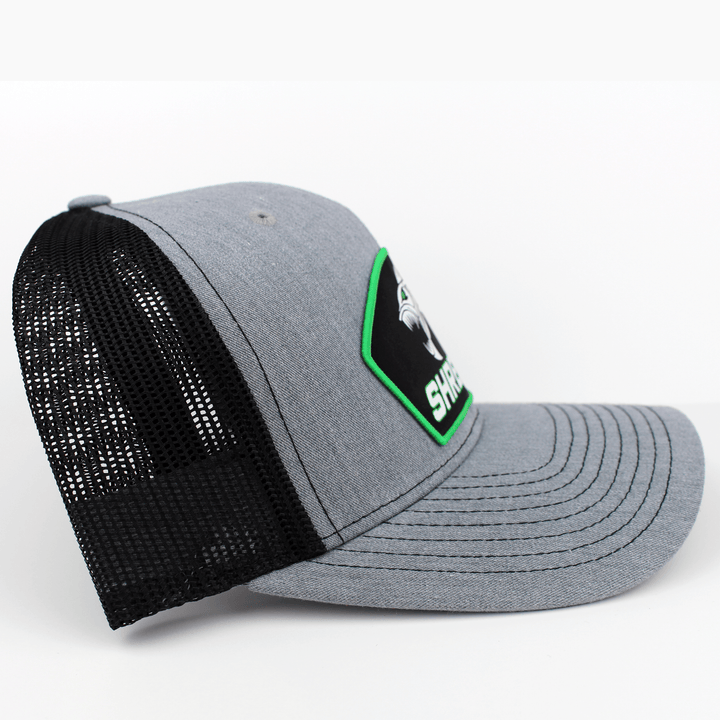 ShredFin Heather gray and black patch hat with neon green border, showing side view of stylish casual hat.