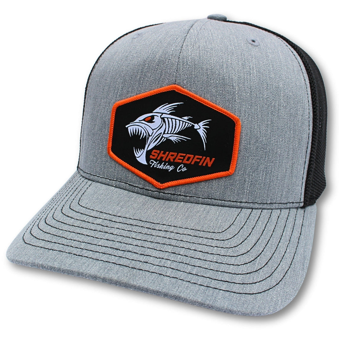 ShredFin Heather Gray and Black patch hat with orange border, casual style, front view showing the embroidered patch design.