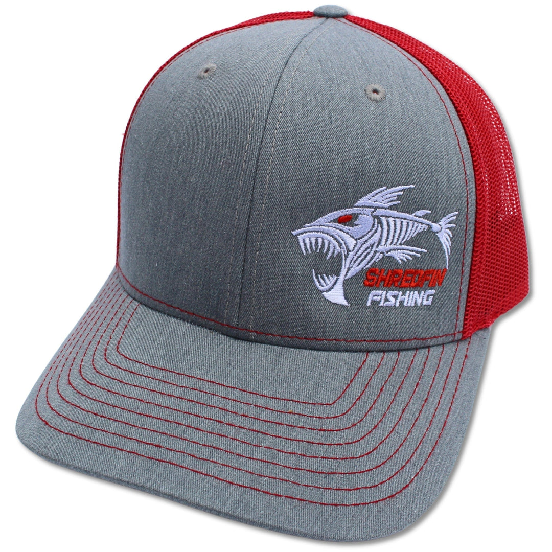 ShredFin Heather Gray and Red Hat with a stylish design and comfortable fit, perfect for casual wear and outdoor activities.