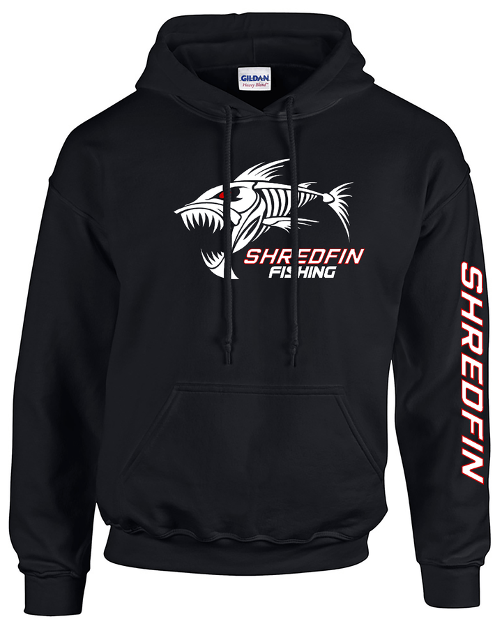 Black ShredFin Classic hoodie with a soft fabric texture and front pocket, displayed on a plain background.