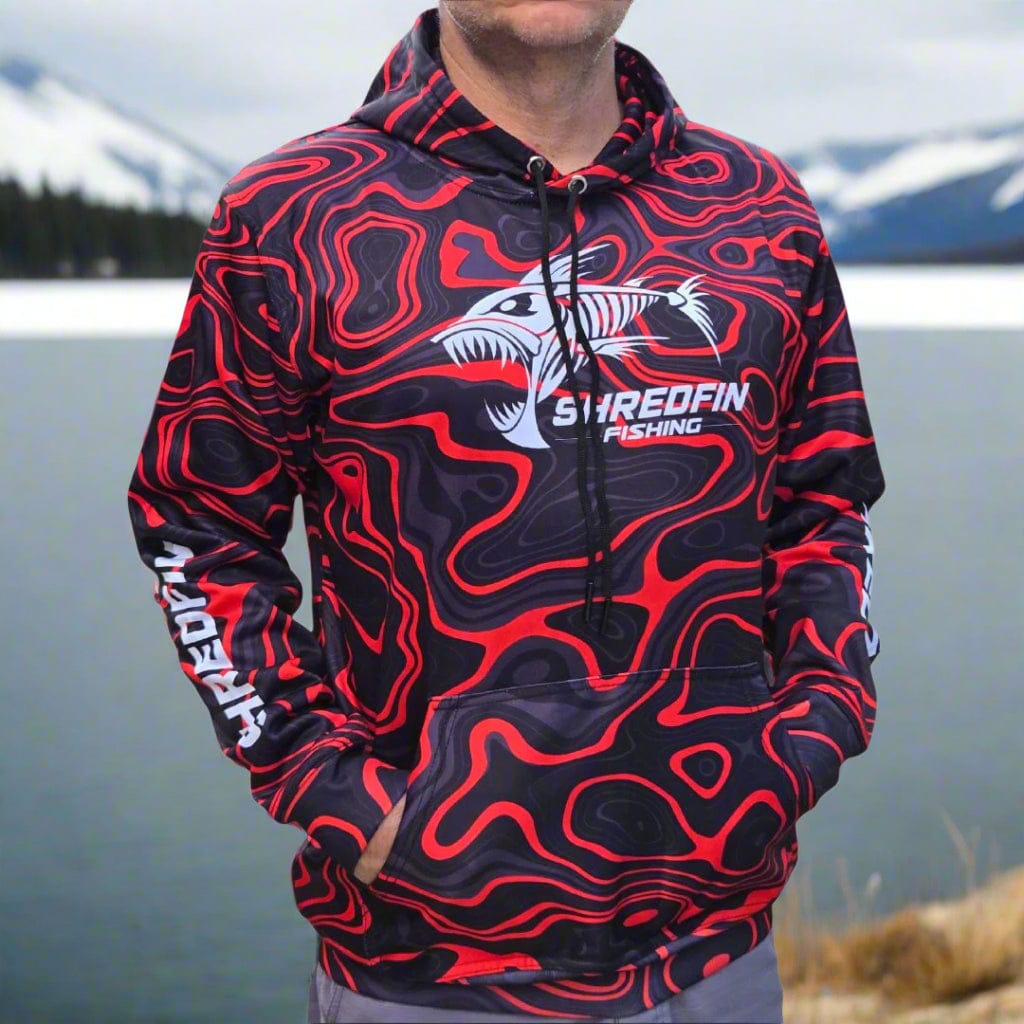 Red ShredFin Contourz Elite Performance Hoodie with a sleek design and comfortable fit, featuring the ShredFin logo on the front.