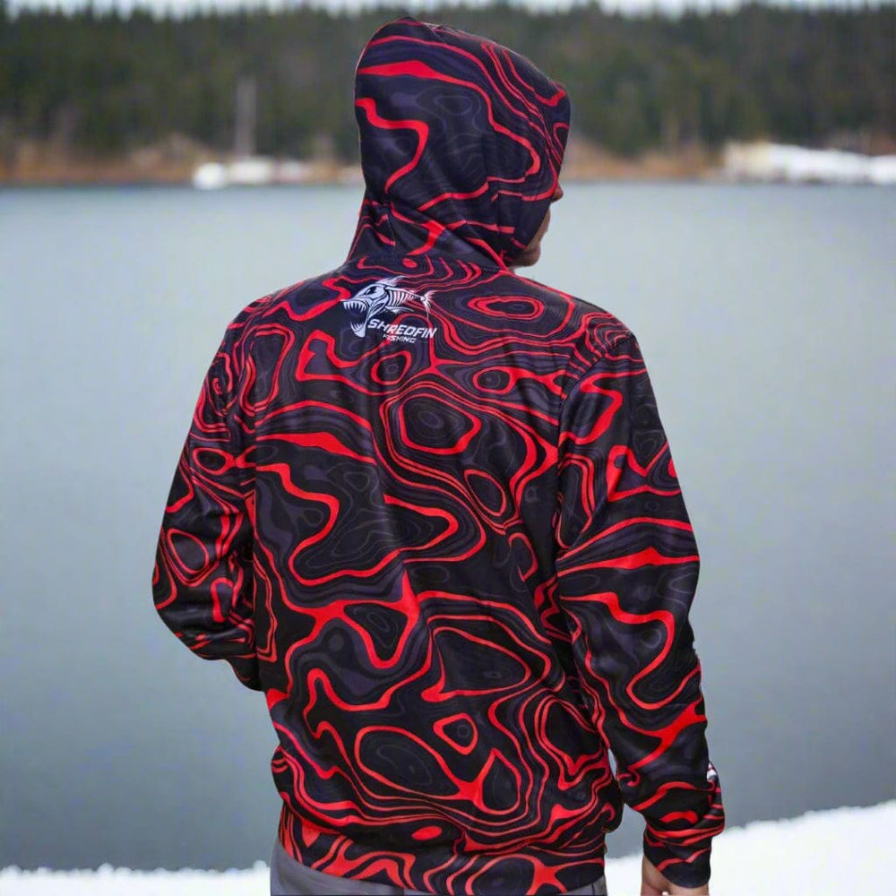 ShredFin Contourz Elite Performance Hoodie in red, featuring a sleek design and comfortable fit for active wear.