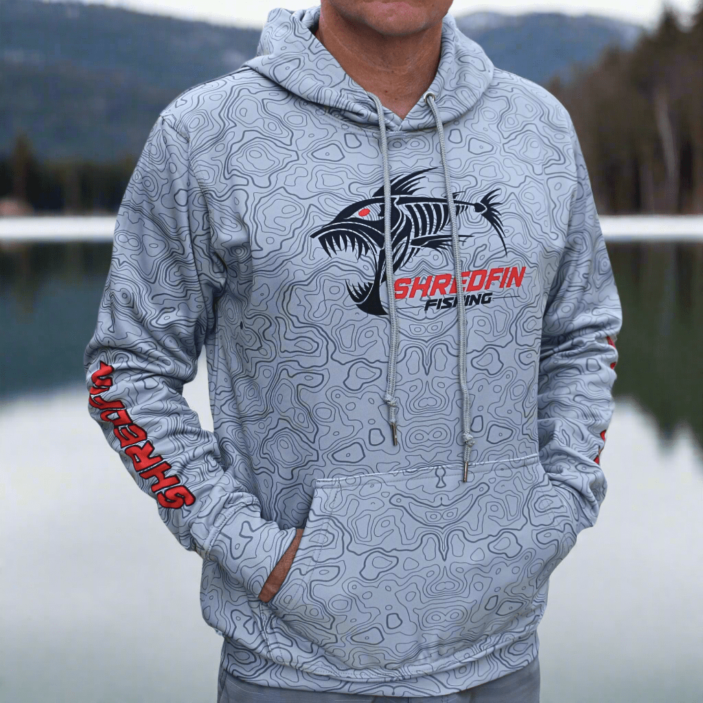 ShredFin Contourz Elite Performance Hoodie in Tungsten Gray, showing a close-up of the hoodie’s fabric and stylish design details.