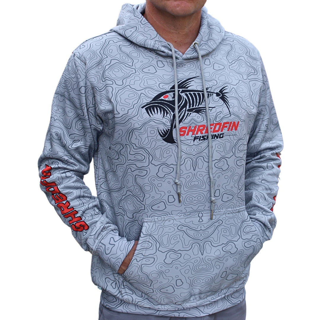 ShredFin Contourz Elite Performance Hoodie in Tungsten Gray, showing a fitted hoodie with a front pocket and hood.