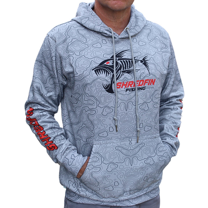 ShredFin Contourz Elite Performance Hoodie in Tungsten Gray, showing a fitted hoodie with a front pocket and hood.
