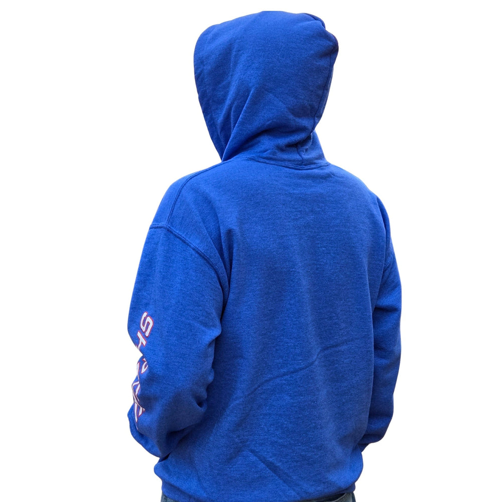 ShredFin blue hoodie with a front pocket and hood, made of soft fabric, displayed on a hanger.