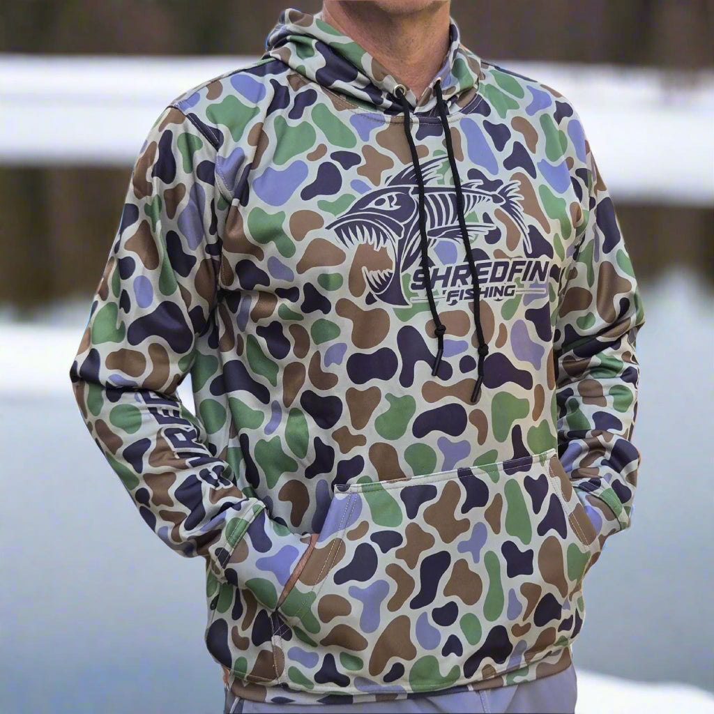 ShredFin Retro Camo Elite Performance Hoodie in marsh camo, featuring a comfortable fit and stylish camouflage design.
