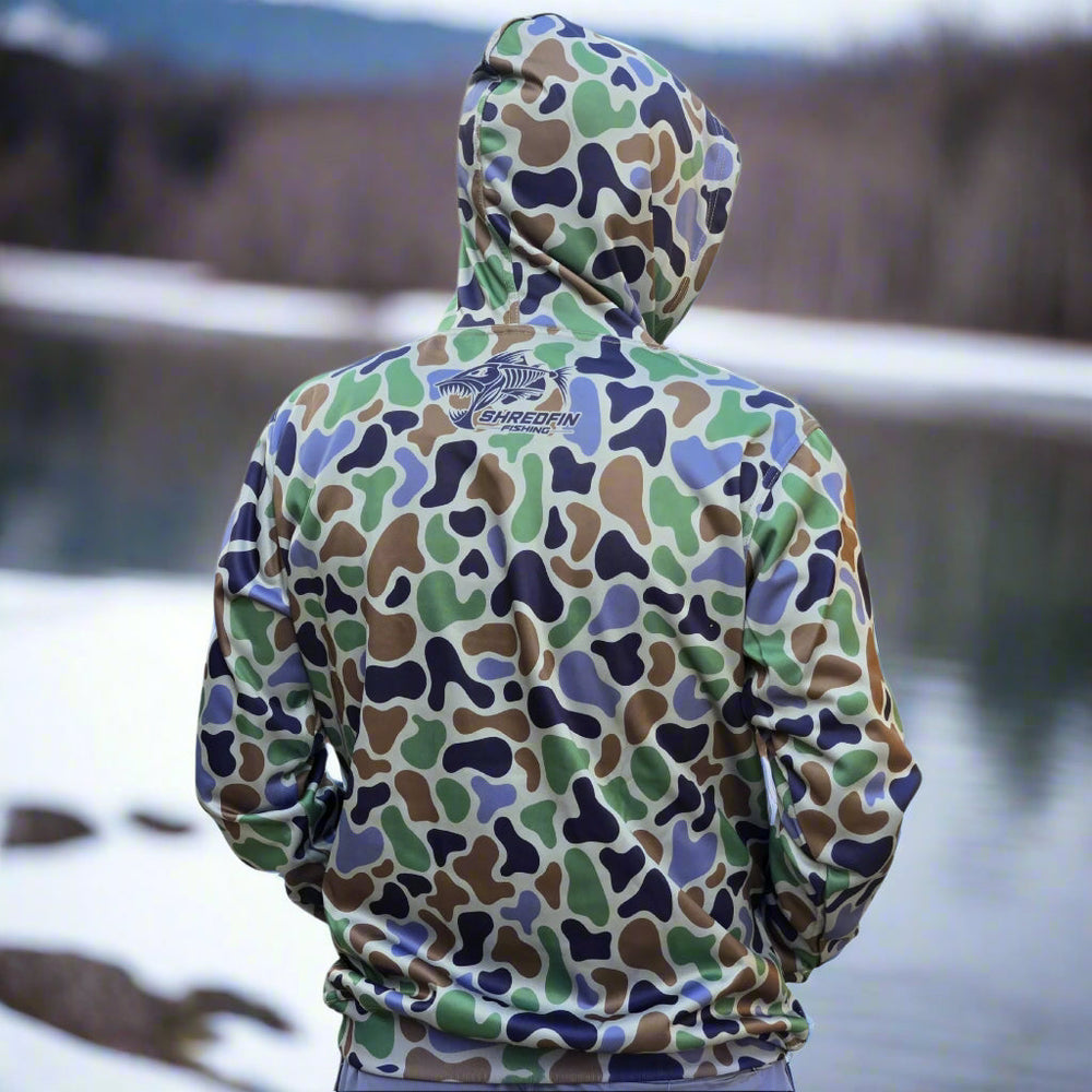 ShredFin Retro Camo Elite Performance Hoodie in Marsh Camo with a stylish camouflage design and comfortable fit.