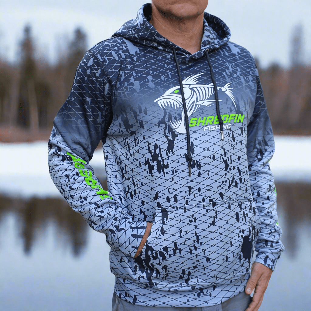 ShredFin Splash Camo Elite Performance Hoodie in Tungsten Gray Fade, featuring a camo design and athletic fit.