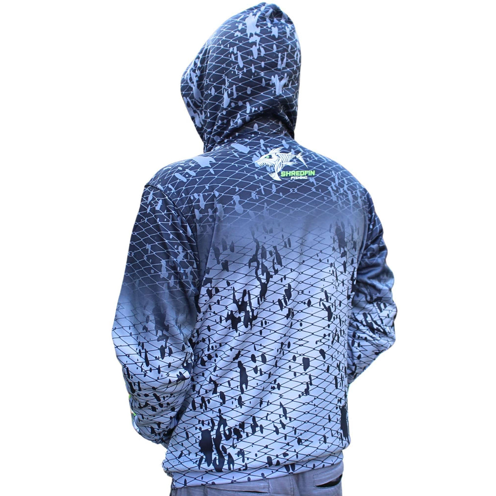 ShredFin Splash Camo Elite Performance Hoodie in Tungsten Gray Fade with camo pattern and athletic fit.