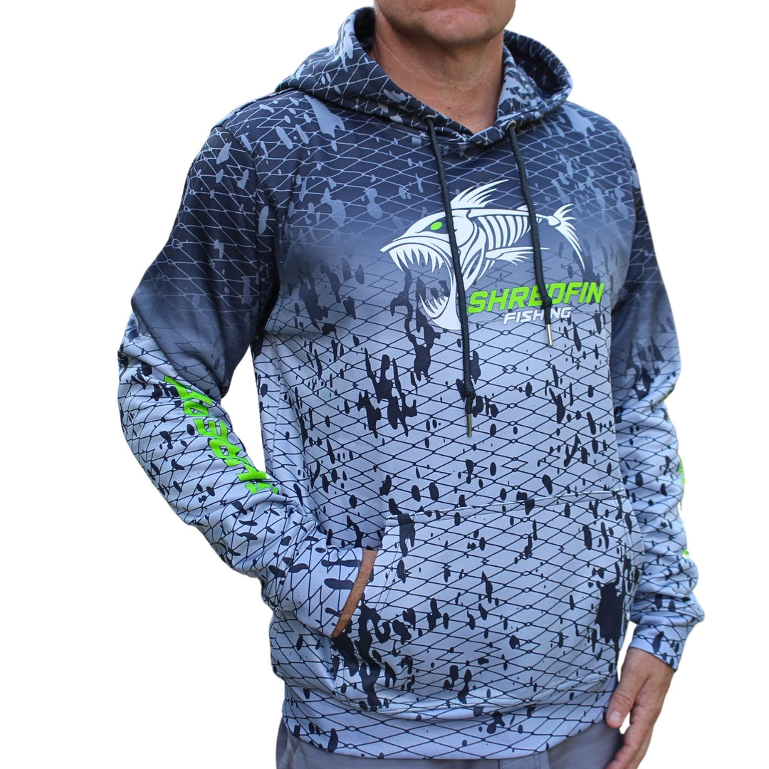 ShredFin Splash Camo Elite Performance Hoodie in Tungsten Gray Fade, featuring a camouflage design and athletic fit.
