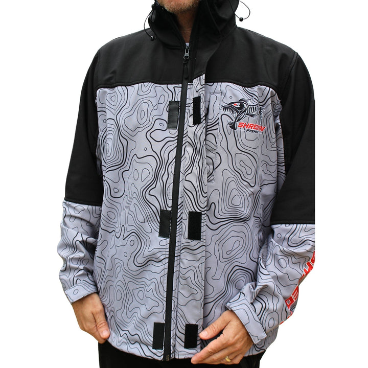 ShredFin Storm Shredder all-weather jacket with Contourz pattern in dark grey, featuring waterproof fabric and adjustable hood.
