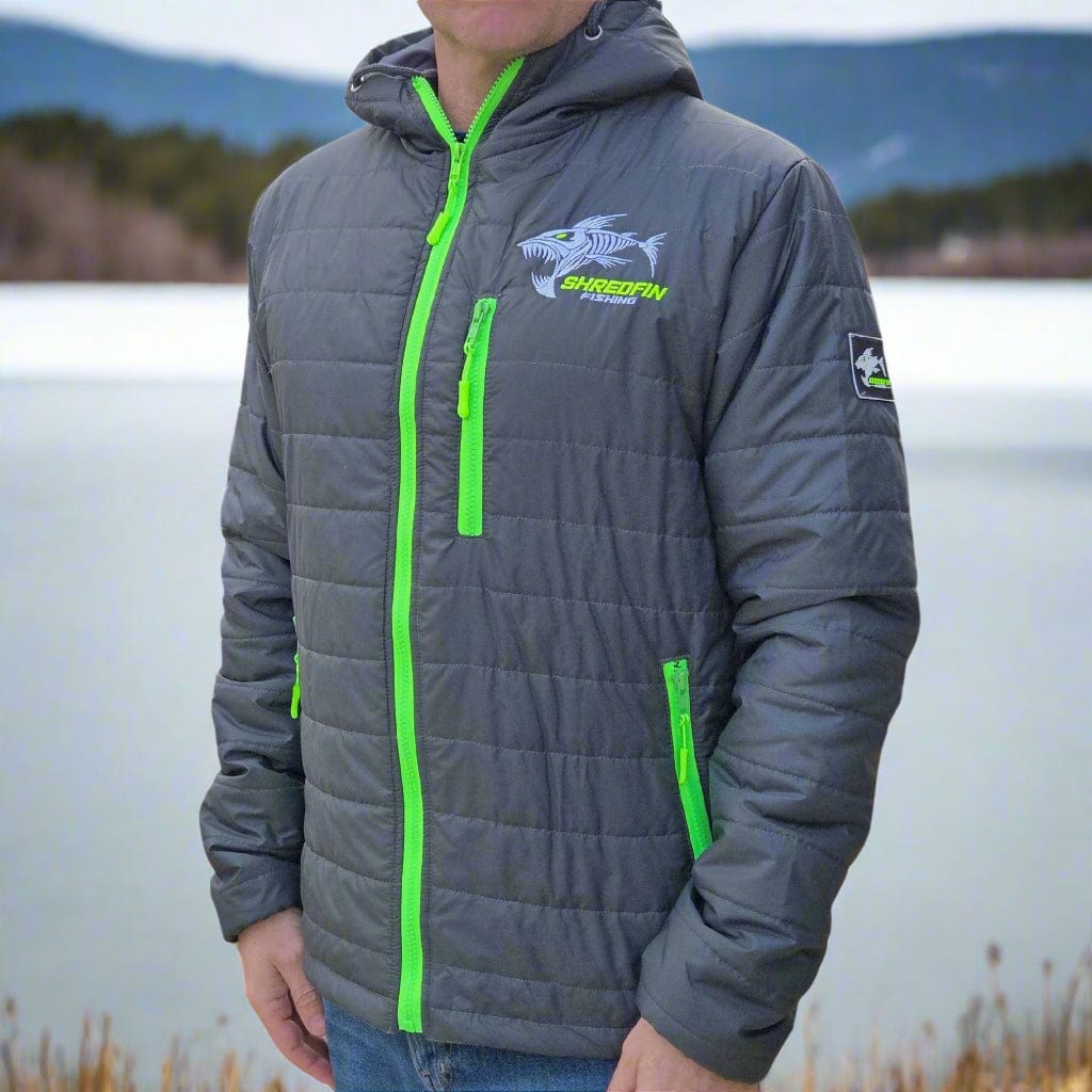 Gray ShredFin Tailwindz Hooded Jacket displayed on a model, showcasing its casual fit and hooded design for outdoor wear.