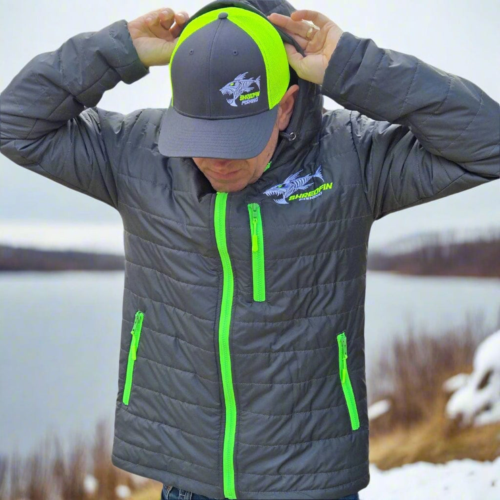 Gray ShredFin Tailwindz Hooded Jacket with adjustable drawstrings and front pockets, shown on a mannequin.