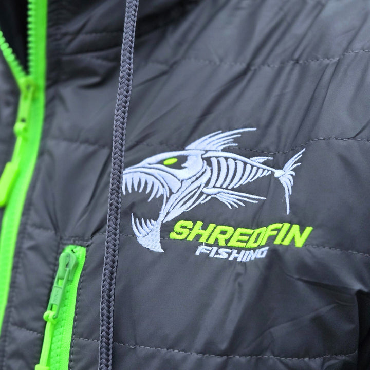 Gray ShredFin Tailwindz hooded jacket with a sleek design and adjustable drawstrings, shown on a mannequin.