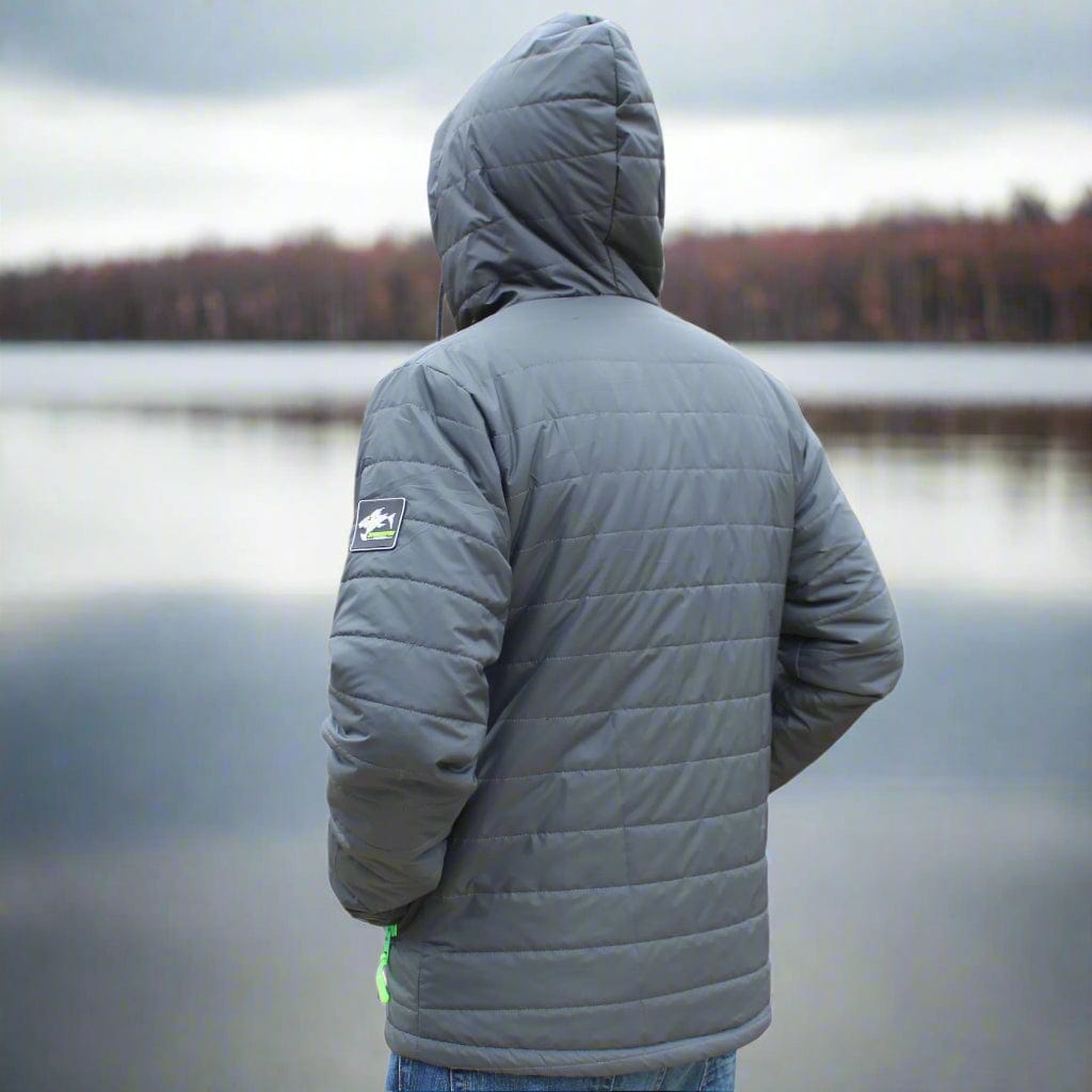 Gray ShredFin Tailwindz hooded jacket with a front zipper and adjustable drawstrings, shown hanging on a hanger.