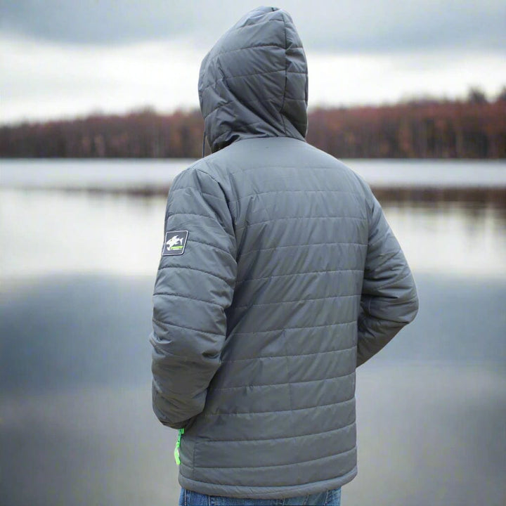 Gray ShredFin Tailwindz hooded jacket with a front zipper and adjustable drawstrings, shown hanging on a hanger.