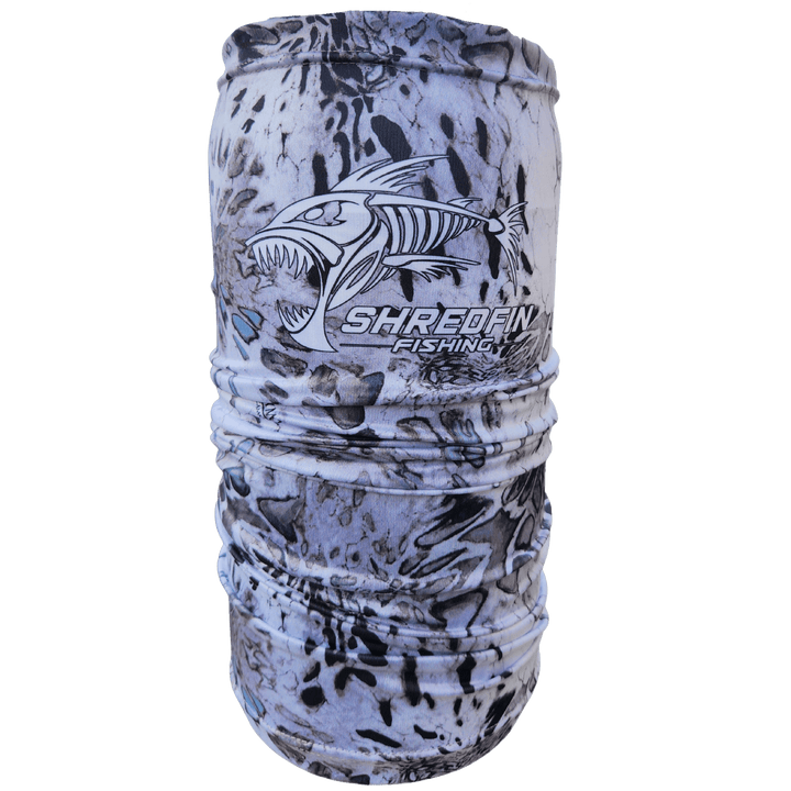 ShredFin Prym1 Camo Performance Neck Gaiter in silver mist camouflage, versatile scarf for outdoor activities and protection.
