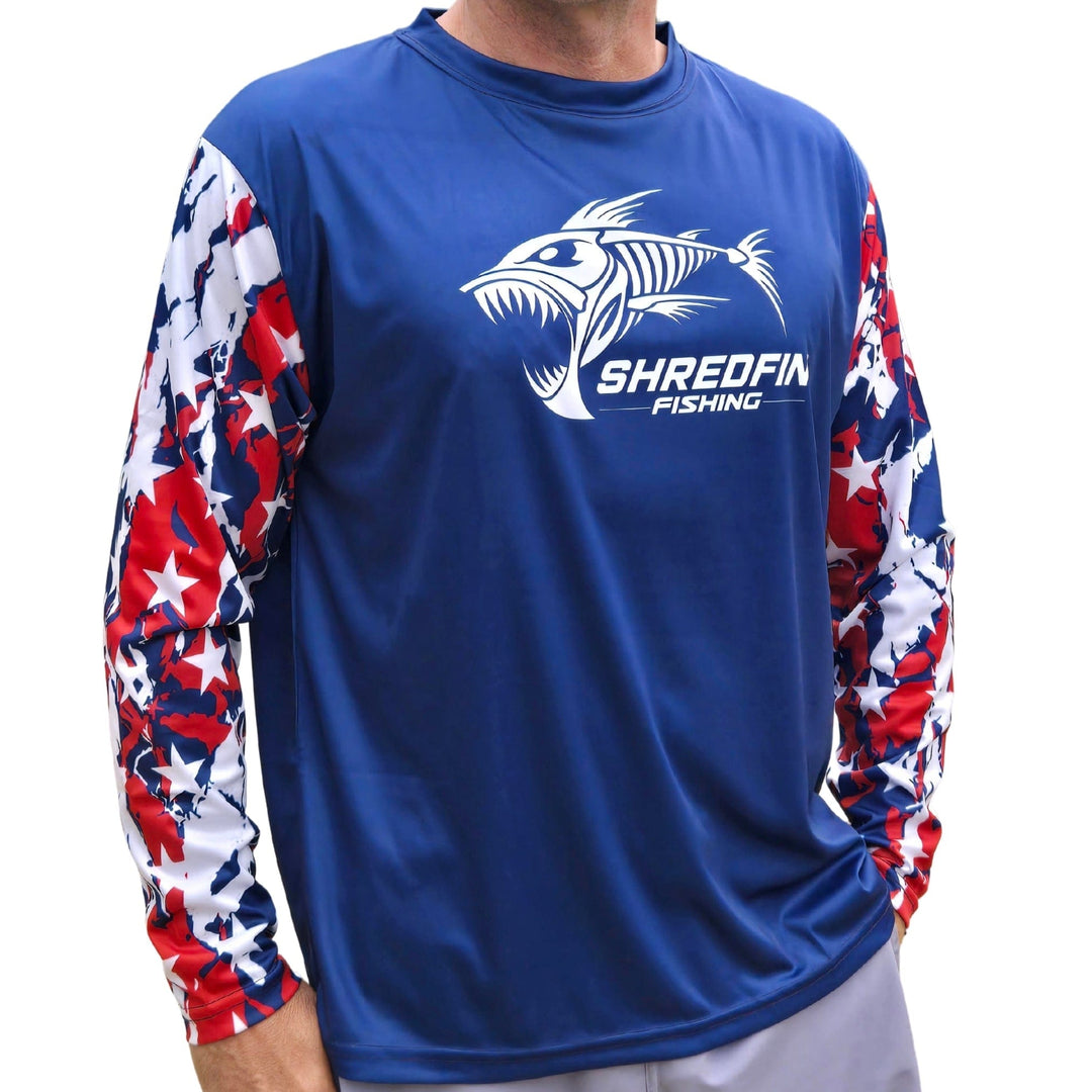 ShredFin 1776 Freedom Performance Shirt, a limited edition men's shirt with patriotic design and breathable fabric.