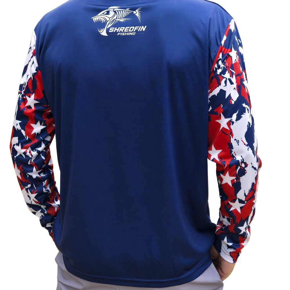 ShredFin 1776 Freedom Performance Shirt with a patriotic American flag design on a lightweight, comfortable shirt.