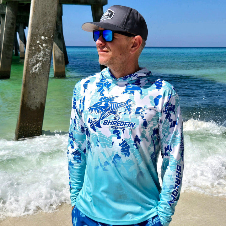 ShredFin Contourz Camo Hooded Performance Shirt in seafoam fade with camouflage pattern and hood, designed for active wear.