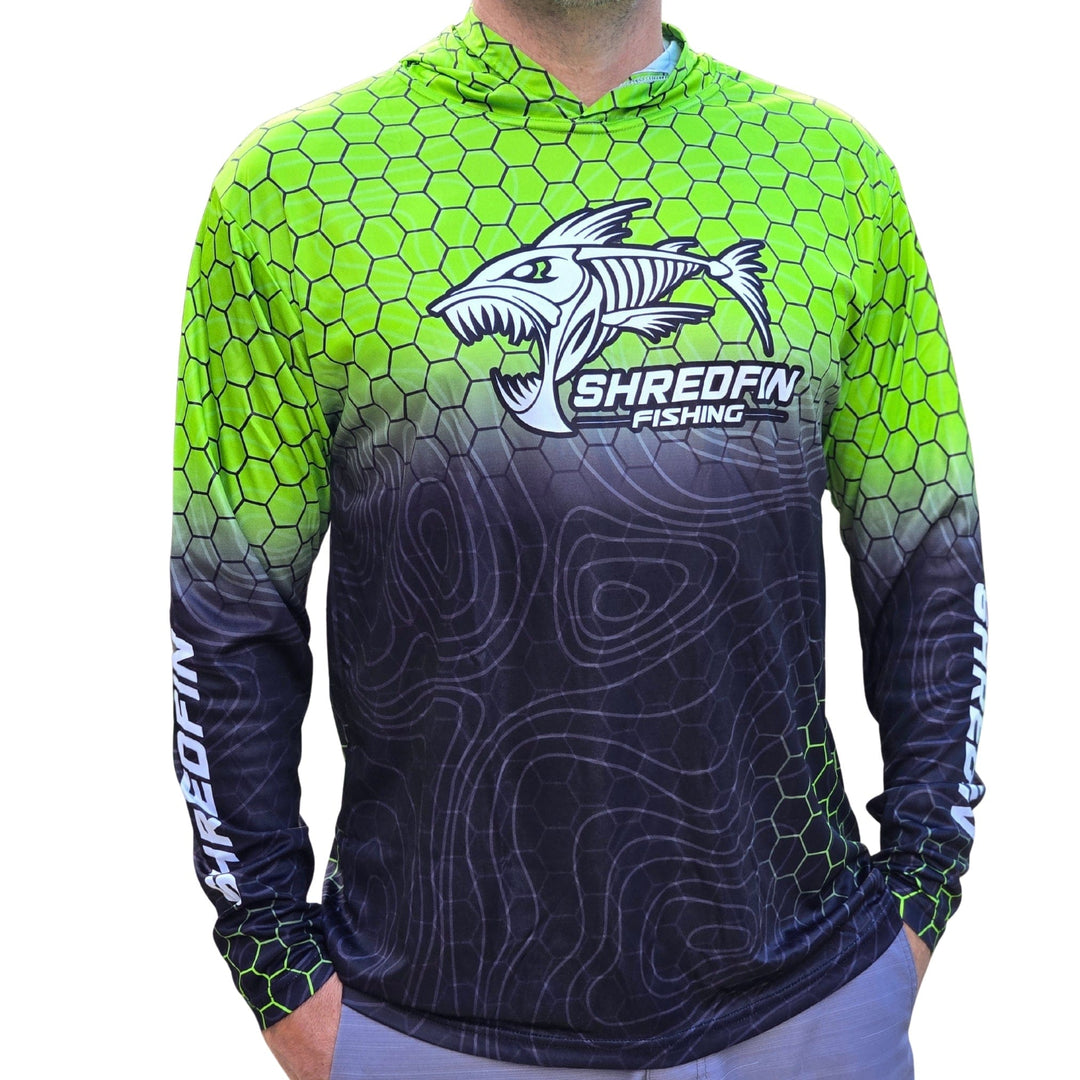 ShredFin Contourz HexCast hooded performance shirt in chartreuse and black fade, showcasing a fitted athletic design.