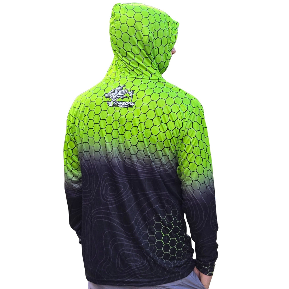 ShredFin Contourz HexCast hooded performance shirt in chartreuse and black fade, featuring a sleek design and lightweight fabric.