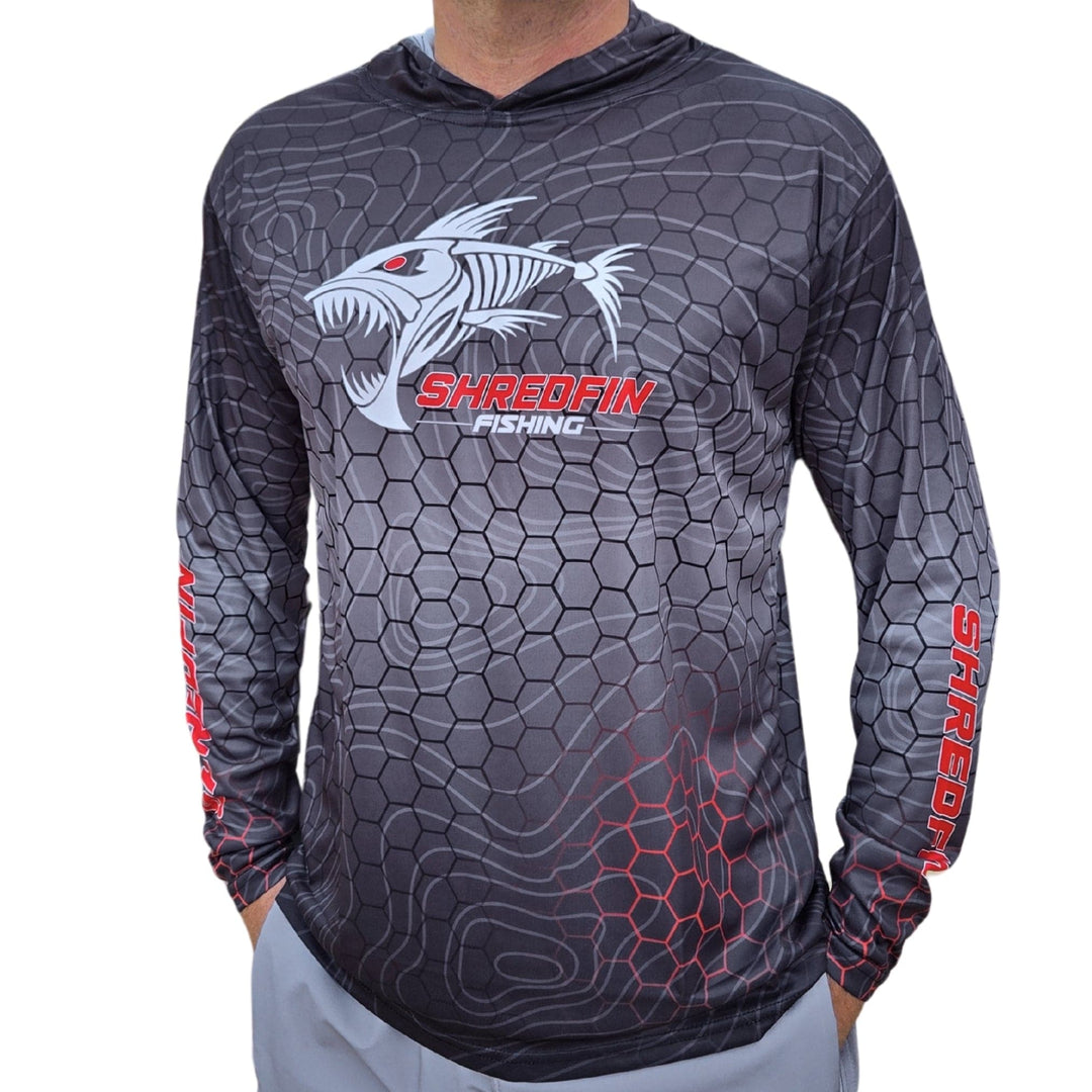 ShredFin Contourz HexCast Hooded Performance Shirt in Tungsten Fade and Red, showcasing its hood and athletic fit design.