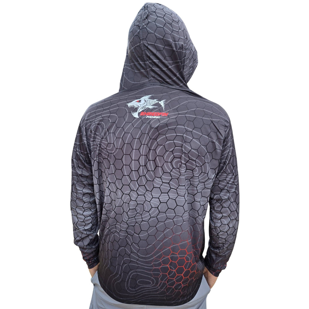 ShredFin Contourz HexCast hooded performance shirt in tungsten fade and red, featuring a sleek, fitted design with a hood and modern style.