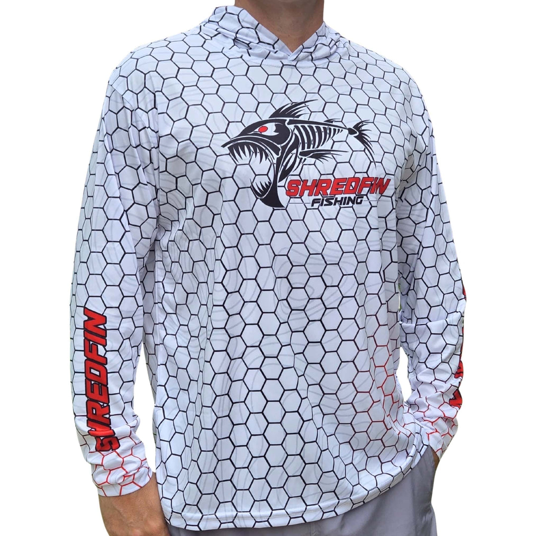 ShredFin Contourz HexCast Hooded Performance Shirt in white shimmer, featuring a sleek hood and athletic fit.