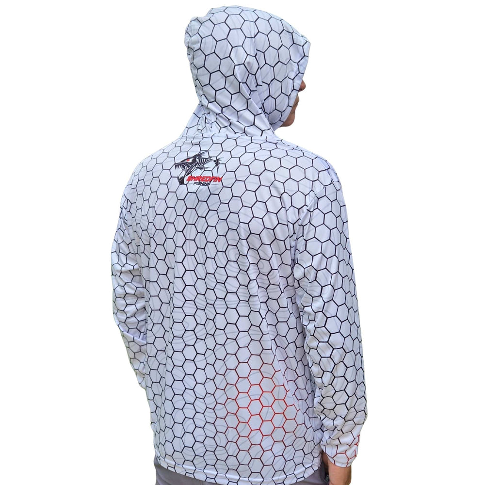 ShredFin Contourz HexCast Hooded Performance Shirt in white shimmer with a sleek, fitted design and hood for active wear.