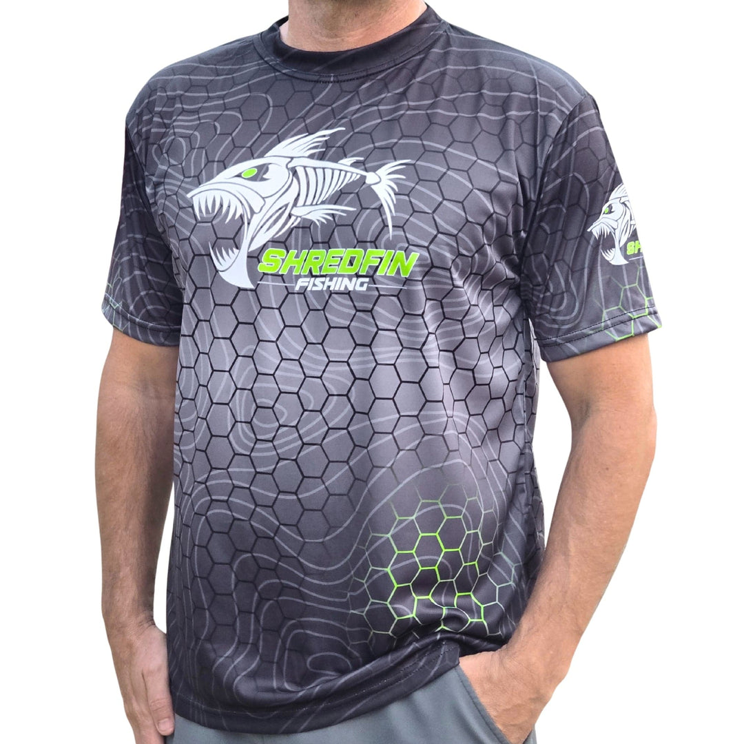 ShredFin Contourz HexCast short sleeve performance shirt in tungsten fade with geometric pattern, designed for active wear.