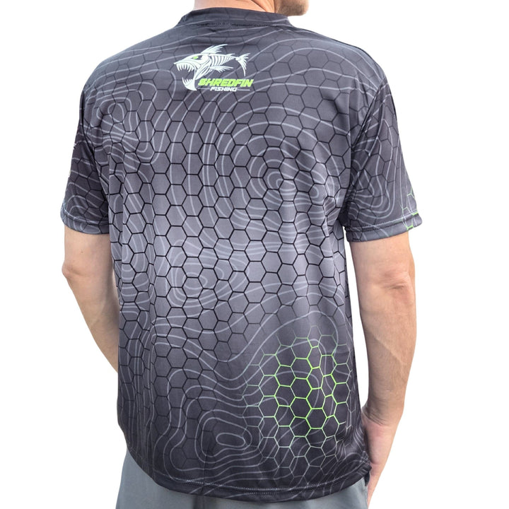 ShredFin Contourz HexCast short sleeve performance shirt in tungsten fade with geometric pattern and athletic fit.