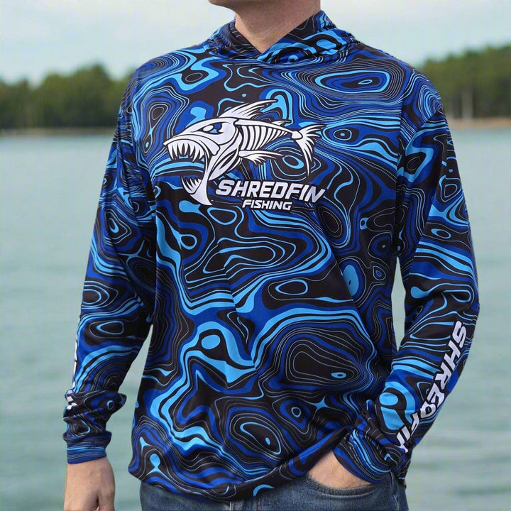 ShredFin Contourz Hooded Performance Shirt in River Blue, featuring a sleek design and comfortable fit for active wear.