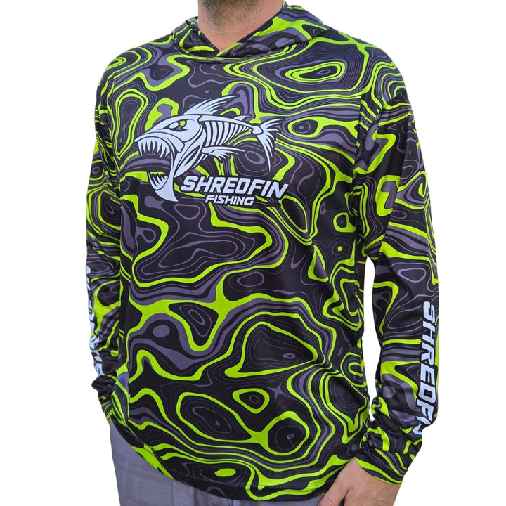 ShredFin Contourz Hooded Performance Shirt in green, featuring a fitted design and lightweight fabric for active wear.