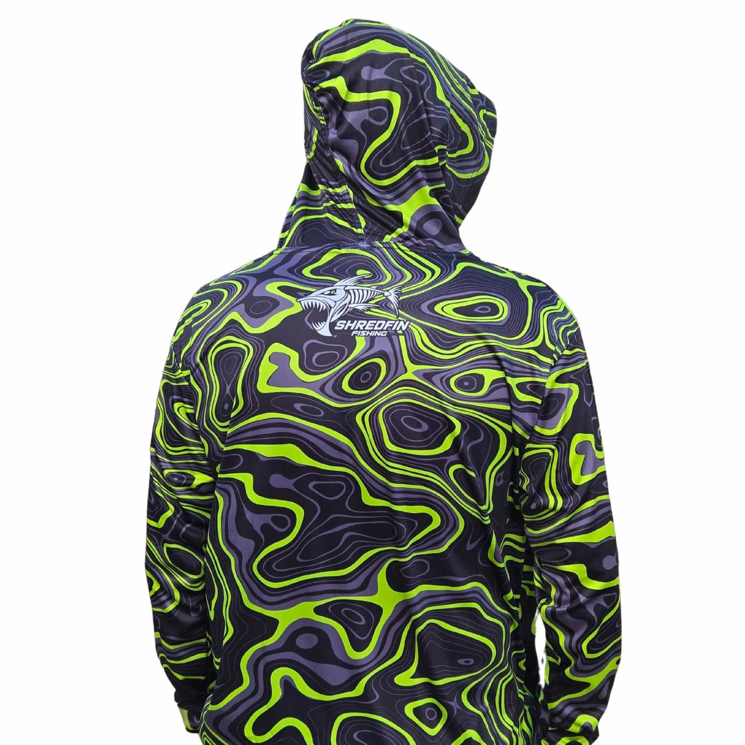 ShredFin Contourz Hooded Performance Shirt in green with sleek design, ideal for active wear and outdoor activities.