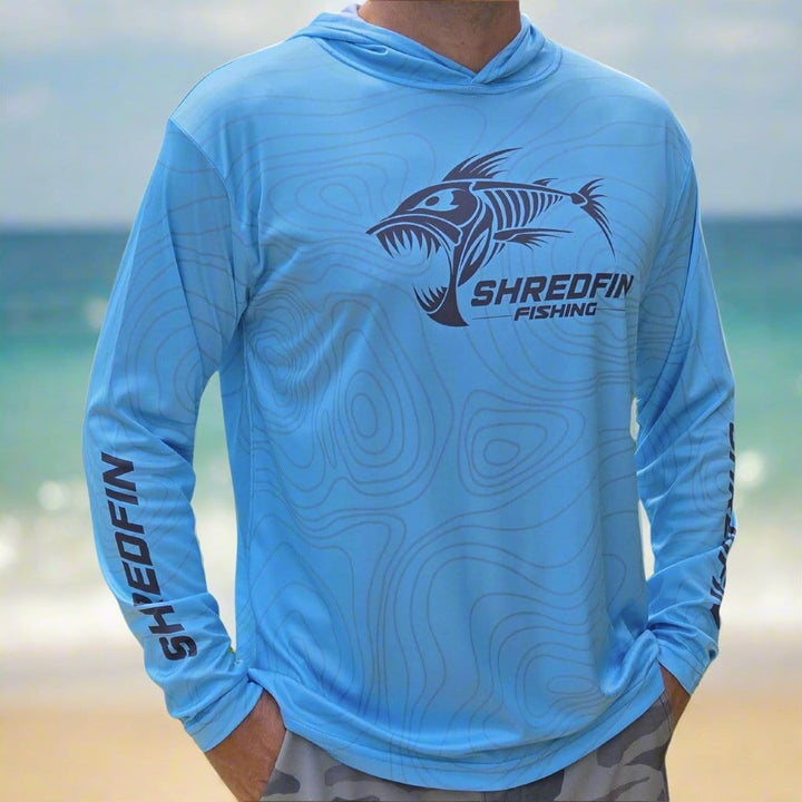 ShredFin Contourz hooded performance shirt in marine blue with a fitted design, suitable for athletic and casual wear.
